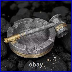 Handmade Damascus Steel Smoking Pipe, Brass Metal Pipe with Damascus Ashtray
