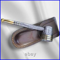Handmade Damascus Steel Smoking Pipe with Leather Pouch Collectible Gift