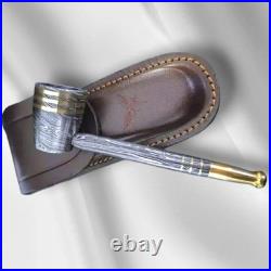 Handmade Damascus Steel Smoking Pipe with Leather Pouch Collectible Gift