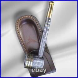Handmade Damascus Steel Smoking Pipe with Leather Pouch Collectible Gift