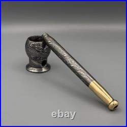 Handmade Damascus Steel Tobacco Pipe Brass Accent, Groomsmen Gift