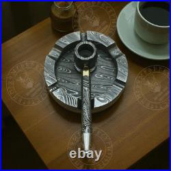 Handmade Damascus Steel smoking pipe and Ashtray cigar lover collectible set