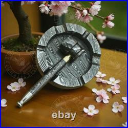 Handmade Damascus Steel smoking pipe and Ashtray cigar lover collectible set