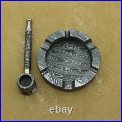 Handmade Damascus Steel smoking pipe and Ashtray cigar lover collectible set