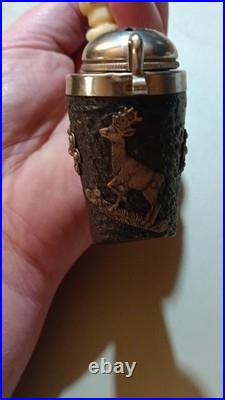 Handmade Estate Tobacco Pipe with Metal Lid and Deer Motif