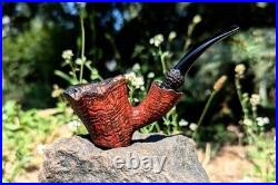 Handmade Freehand Briar Tobacco Pipe, Rustic Red Grain Bowl, Bent Ebonite Stem