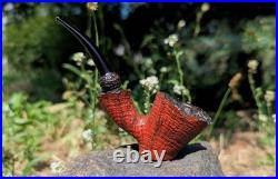 Handmade Freehand Briar Tobacco Pipe, Rustic Red Grain Bowl, Bent Ebonite Stem