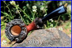 Handmade Freehand Briar Tobacco Pipe, Rustic Red Grain Bowl, Bent Ebonite Stem