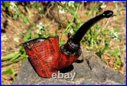 Handmade Freehand Briar Tobacco Pipe, Rustic Red Grain Bowl, Bent Ebonite Stem