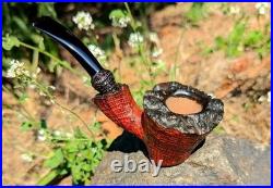 Handmade Freehand Briar Tobacco Pipe, Rustic Red Grain Bowl, Bent Ebonite Stem