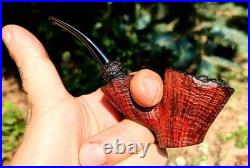 Handmade Freehand Briar Tobacco Pipe, Rustic Red Grain Bowl, Bent Ebonite Stem