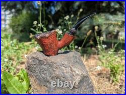 Handmade Freehand Briar Tobacco Pipe, Rustic Red Grain Bowl, Bent Ebonite Stem
