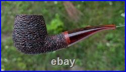Handmade Rusticated Briar Tobacco Pipe, Burgundy Acrylic Stem, Compact Bent Pipe