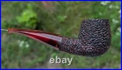 Handmade Rusticated Briar Tobacco Pipe, Burgundy Acrylic Stem, Compact Bent Pipe