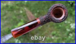 Handmade Rusticated Briar Tobacco Pipe, Burgundy Acrylic Stem, Compact Bent Pipe