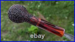 Handmade Rusticated Briar Tobacco Pipe, Burgundy Acrylic Stem, Compact Bent Pipe