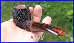 Handmade Rusticated Briar Tobacco Pipe, Burgundy Acrylic Stem, Compact Bent Pipe