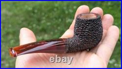Handmade Rusticated Briar Tobacco Pipe, Burgundy Acrylic Stem, Compact Bent Pipe