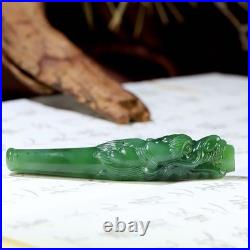 Hetian Green Jade Dragon Head Smoking Pipe 13x80mm Hand Carved Ornament