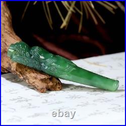 Hetian Green Jade Dragon Head Smoking Pipe 13x80mm Hand Carved Ornament