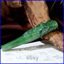 Hetian Green Jade Dragon Head Smoking Pipe 13x80mm Hand Carved Ornament