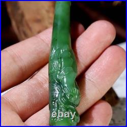 Hetian Green Jade Dragon Head Smoking Pipe 13x80mm Hand Carved Ornament