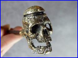 Human Skull Metal Pipe, Bronze-Copper Smoking set, Spoon and Cleaning Tool