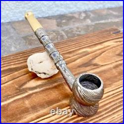 Lot of 3! Custom Handmade Damascus Steel Collectible Smoking Pipes with Sheath