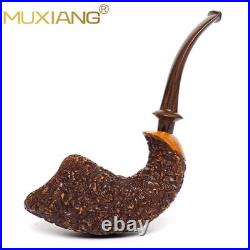 MUXIANG Handmade Briar Wooden Bent Pipe Rusticated Tobacco Pipe Vulcanite Stem