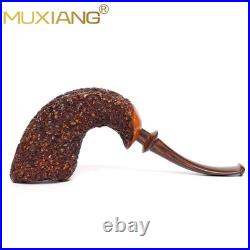 MUXIANG Handmade Briar Wooden Bent Pipe Rusticated Tobacco Pipe Vulcanite Stem