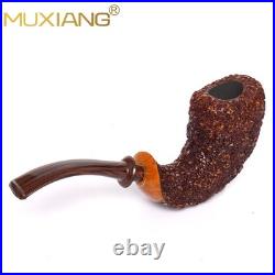 MUXIANG Handmade Briar Wooden Bent Pipe Rusticated Tobacco Pipe Vulcanite Stem