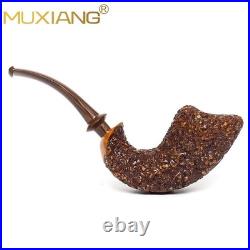 MUXIANG Handmade Briar Wooden Bent Pipe Rusticated Tobacco Pipe Vulcanite Stem