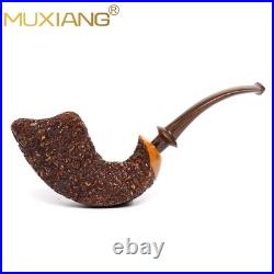 MUXIANG Handmade Briar Wooden Bent Pipe Rusticated Tobacco Pipe Vulcanite Stem