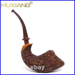 MUXIANG Handmade Briar Wooden Bent Pipe Rusticated Tobacco Pipe Vulcanite Stem