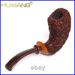 MUXIANG Handmade Briar Wooden Bent Pipe Rusticated Tobacco Pipe Vulcanite Stem