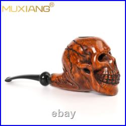 MUXIANG Handmade Briar Wooden Tobacco Pipe Rustic Carved Skull Pipe Ebonite Stem