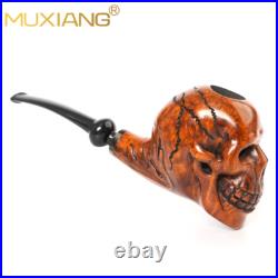 MUXIANG Handmade Briar Wooden Tobacco Pipe Rustic Carved Skull Pipe Ebonite Stem