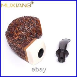 MUXIANG Handmade Carved Briar Tobacco Pipe Wooden Egg Pipe 3mm Bent Ebonite Stem