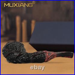 MUXIANG Rustic Briar Freehand Pipe Sandblasted Wood Tobacco Pipe Vulcanite Stem