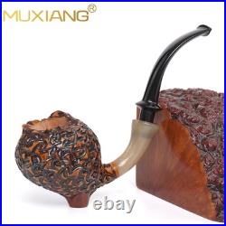 MUXIANG Rustic Freehand Pipe Briar Wooden Carved Tobacco Smoking Pipe Horn Ring