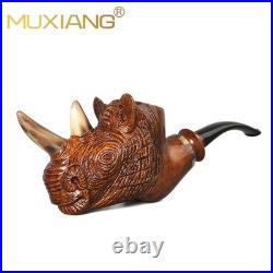 MUXIANG Rustic Rhino Pipe Handmade Carved Briar Pipe Wooden Tobacco Pipe Ebonite