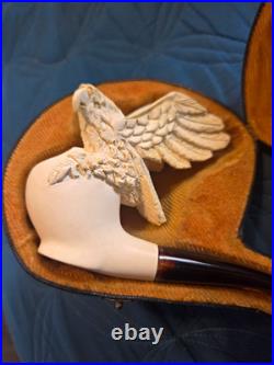 Meerschaum Carved Eagle/Bird Tobacco Smoking Pipe. In Case, White & Brown