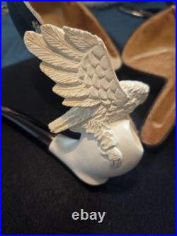 Meerschaum Carved Eagle/Bird Tobacco Smoking Pipe. In Case, White & Brown