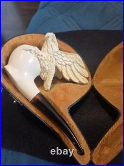 Meerschaum Carved Eagle/Bird Tobacco Smoking Pipe. In Case, White & Brown