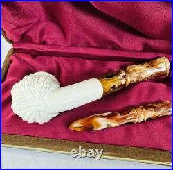 NEW Bent Block Meerschaum Pipes Smoking Tobacco Carved Bowl Marbled Stem VTG