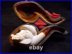 New Unsmoked Meerschaum Yunus Tyrolean Carved Bowl Man Smoking Pipe Fitted Case