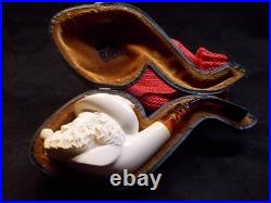 New Unsmoked Meerschaum Yunus Tyrolean Carved Bowl Man Smoking Pipe Fitted Case