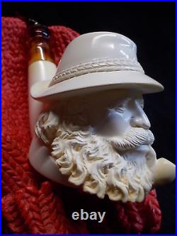 New Unsmoked Meerschaum Yunus Tyrolean Carved Bowl Man Smoking Pipe Fitted Case