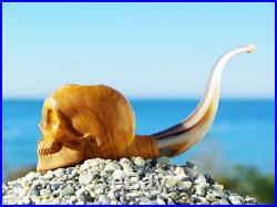Oguz Simsek Olive Wood Smoking Pipe HAPPY SKULL skeleton bones bone meerschaum