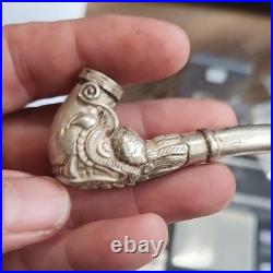 Ornate 925 Silver Collectible Tobacco Pipe Bird Motif Handmade 45.98g 13cm